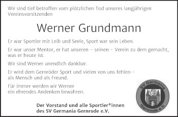 Traueranzeige von Werner Grundmann von Trauerkombi Quedlinburg