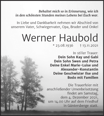 Traueranzeige von Werner Haubold von Trauerkombi Quedlinburg