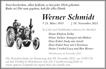 Traueranzeige von Werner Schmidt von Trauerkombi Quedlinburg