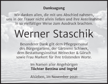 Traueranzeige von Werner Staschik von Trauerkombi Bernburg