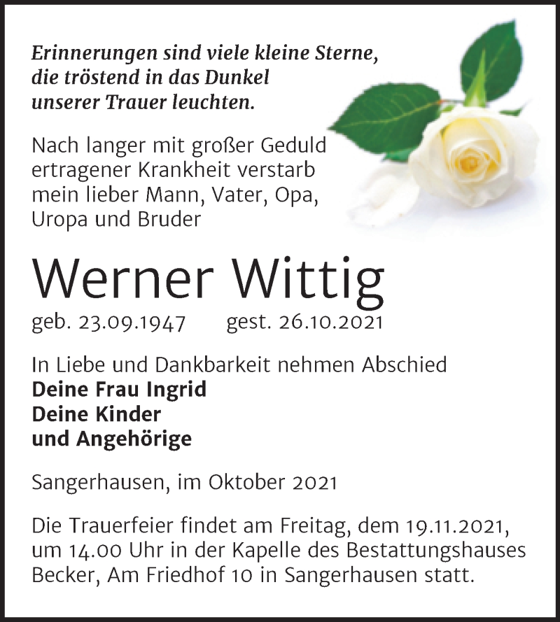  Traueranzeige für Werner Wittig vom 05.11.2021 aus Trauerkombi Sangerhausen