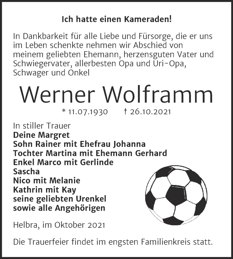  Traueranzeige für Werner Wolframm vom 06.11.2021 aus Trauerkombi Mansfelder Land