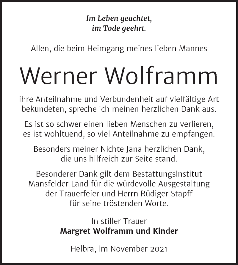  Traueranzeige für Werner Wolframm vom 13.11.2021 aus Trauerkombi Mansfelder Land