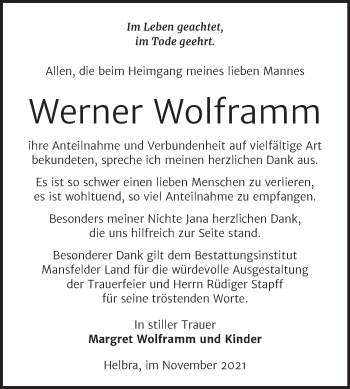 Traueranzeige von Werner Wolframm von Trauerkombi Mansfelder Land
