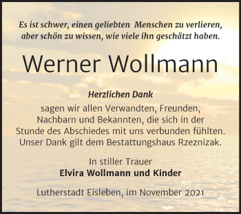 Traueranzeige von Werner Wollmann von Trauerkombi Mansfelder Land