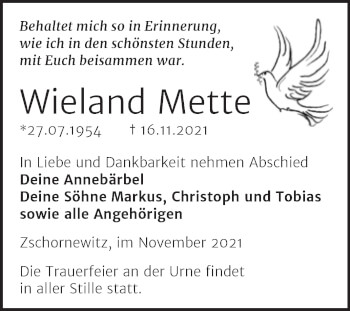 Traueranzeige von Wieland Mette von Trauerkombi Wittenberg