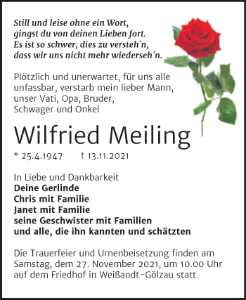 Traueranzeige von Wilfried Meiling von Trauerkombi Köthen