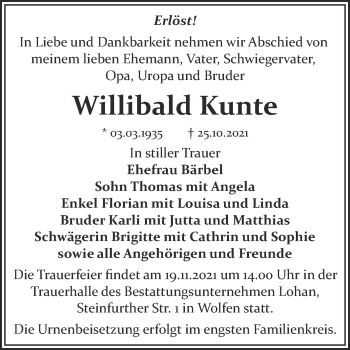 Traueranzeige von Willibald Kunte von Trauerkombi Bitterfeld