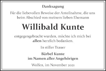 Traueranzeige von Willibald Kunte von Trauerkombi Bitterfeld