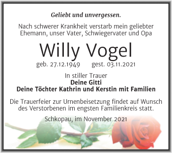Traueranzeige von Willy Vogel von Trauerkombi Merseburg