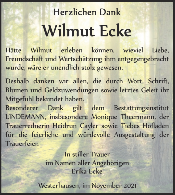 Traueranzeige von Wilmut Ecke von Trauerkombi Quedlinburg