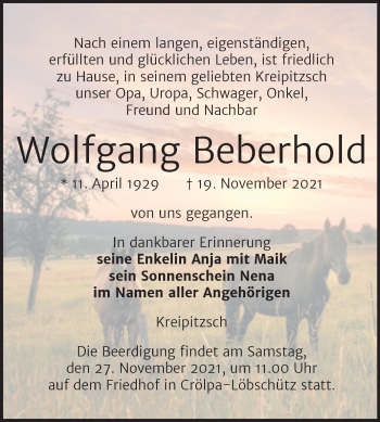 Traueranzeige von Wolfgang Beberhold von Wochenspiegel Naumburg/Nebra