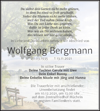 Traueranzeige von Wolfgang Bergmann von Trauerkombi Merseburg