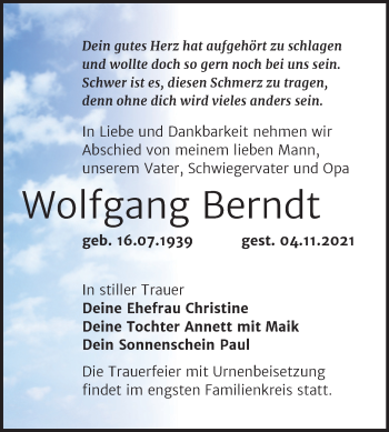 Traueranzeige von Wolfgang Berndt von Trauerkombi Bitterfeld
