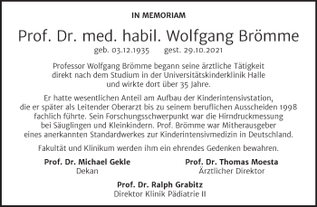 Traueranzeige von Wolfgang Brömme von Mitteldeutsche Zeitung Halle/Saalkreis