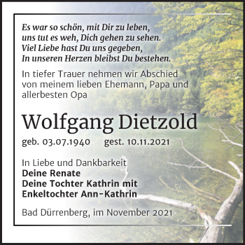 Traueranzeige von Wolfgang Dietzold von Trauerkombi Merseburg