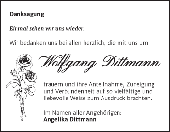 Traueranzeige von Wolfgang Dittmann von Trauerkombi Aschersleben