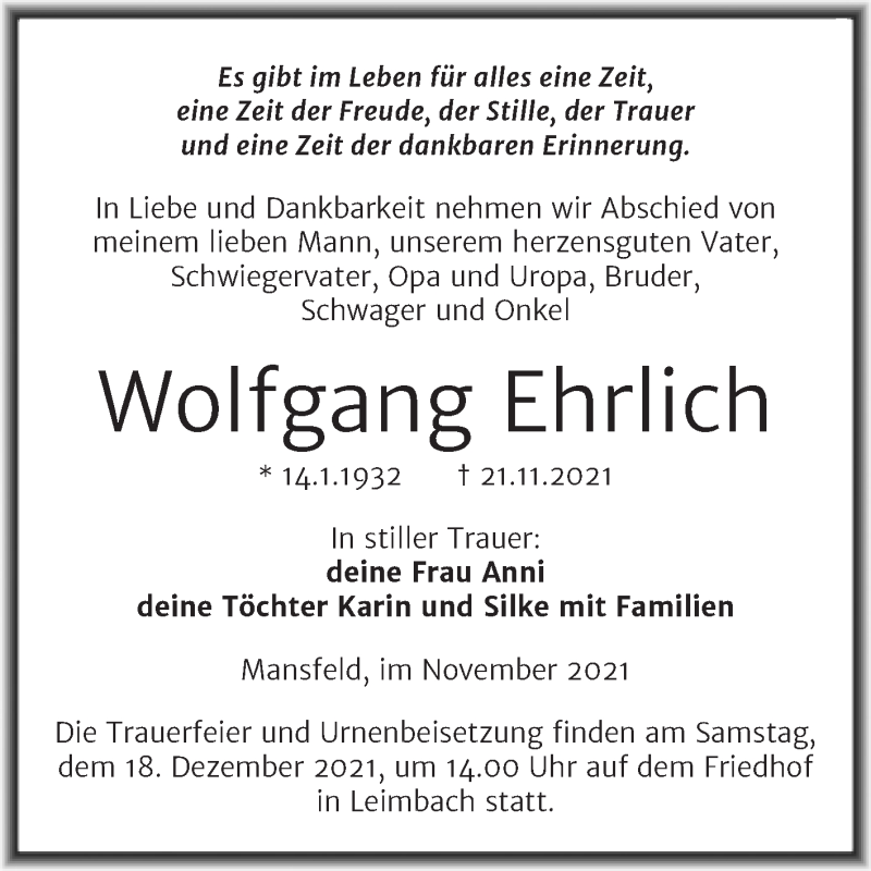  Traueranzeige für Wolfgang Ehrlich vom 26.11.2021 aus Trauerkombi Mansfelder Land