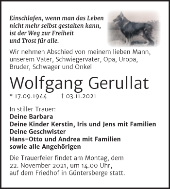 Traueranzeige von Wolfgang Gerullat von Trauerkombi Quedlinburg