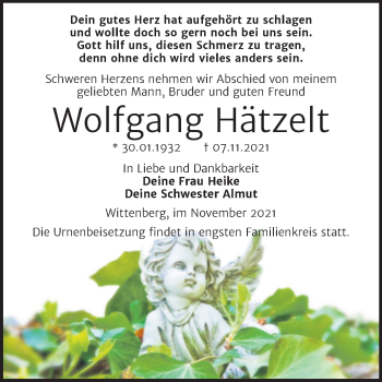 Traueranzeige von Wolfgang Hätzelt von Trauerkombi Wittenberg
