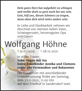 Traueranzeige von Wolfgang Höhne von Trauerkombi Bitterfeld