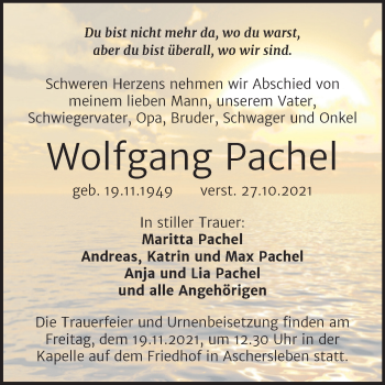 Traueranzeige von Wolfgang Pachel von Trauerkombi Aschersleben