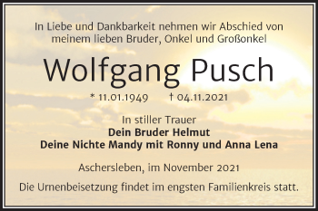 Traueranzeige von Wolfgang Pusch von Trauerkombi Aschersleben