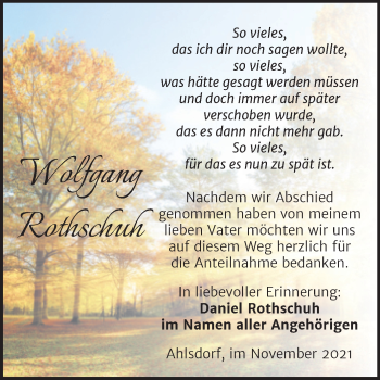 Traueranzeige von Wolfgang Rothschuh von Trauerkombi Mansfelder Land