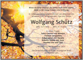 Traueranzeige von Wolfgang Schütz von Trauerkombi Wittenberg