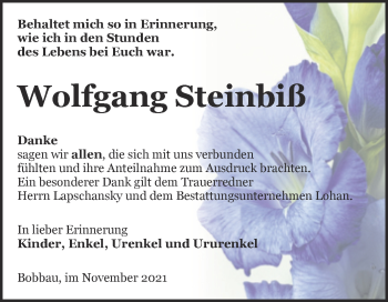 Traueranzeige von Wolfgang Steinbiß von Trauerkombi Bitterfeld