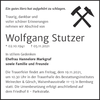 Traueranzeige von Wolfgang Stutzer von Trauerkombi Bernburg