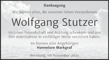 Traueranzeige von Wolfgang Stutzer von Trauerkombi Bernburg