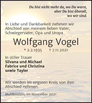 Traueranzeige von Wolfgang Vogel von Trauerkombi Bitterfeld