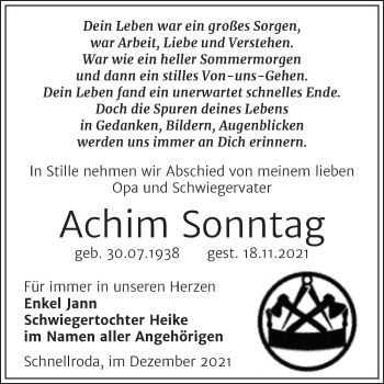 Traueranzeige von Achim Sonntag von Trauerkombi Merseburg