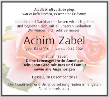 Traueranzeige von Achim Zabel von Trauerkombi Dessau
