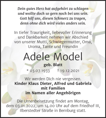 Traueranzeige von Adele Model von Trauerkombi Bernburg