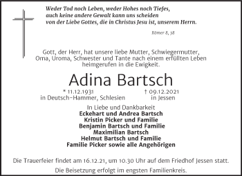 Traueranzeige von Adina Bartsch von Trauerkombi Wittenberg
