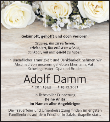 Traueranzeige von Adolf Damm von Trauerkombi Bitterfeld