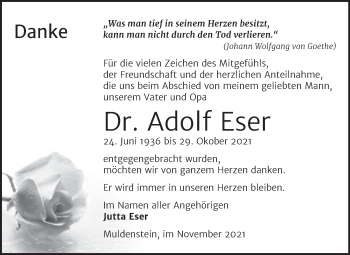 Traueranzeige von Adolf Eser von Trauerkombi Bitterfeld