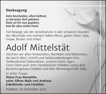 Traueranzeige von Adolf Mittelstät von Trauerkombi Mansfelder Land