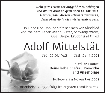 Traueranzeige von Adolf Mittelstät von Trauerkombi Mansfelder Land