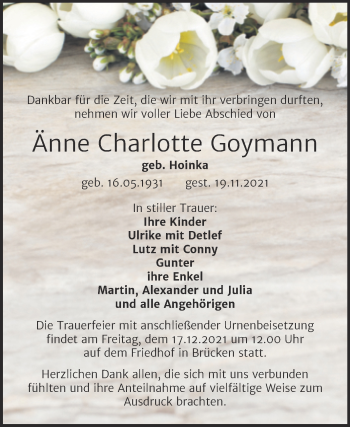 Traueranzeige von Änne Charlotte Goymann von Mitteldeutsche Zeitung Sangerhausen