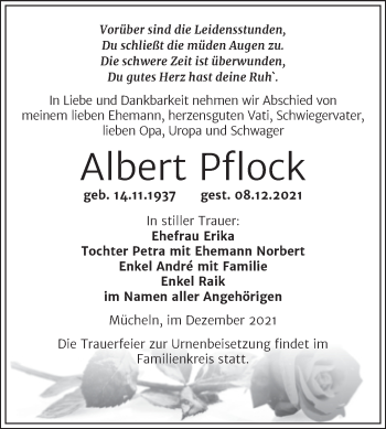 Traueranzeige von Albert Pflock von Trauerkombi Merseburg