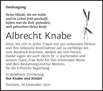 Traueranzeige von Albrecht Knabe von Wochenspiegel Naumburg/Nebra