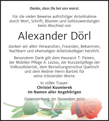 Traueranzeige von Alexander Dörl von Trauerkombi Köthen