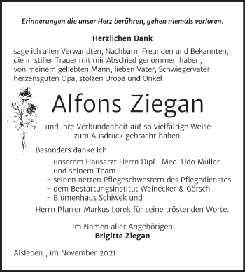 Traueranzeige von Alfons Ziegan von Trauerkombi Bernburg