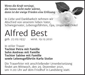 Traueranzeige von Alfred Best von Mitteldeutsche Zeitung Halle/Saalkreis