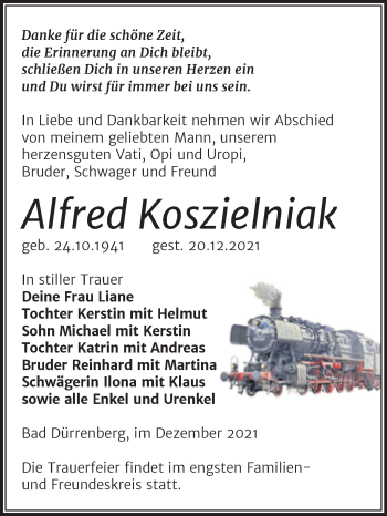 Traueranzeige von Alfred Koszielniak von Trauerkombi Merseburg