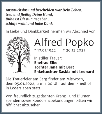 Traueranzeige von Alfred Popko von Trauerkombi Merseburg