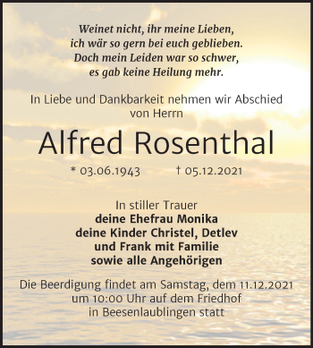 Traueranzeige von Alfred Rosenthal von Trauerkombi Bernburg